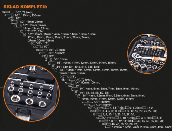 Komplet kluczy nasadowych 1/4” + 3/8” + 1/2” 151 szt.