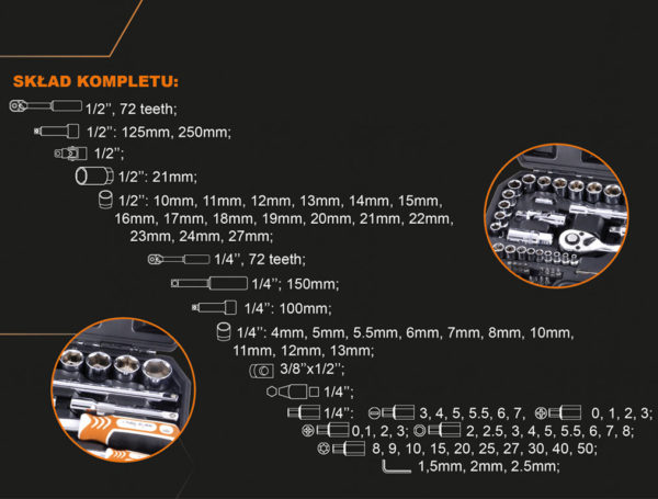 Komplet kluczy nasadowych 1/4” + 1/2” 72 szt.