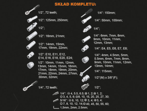 Komplet kluczy nasadowych V-PLUS 1/4” + 1/2” 108szt.