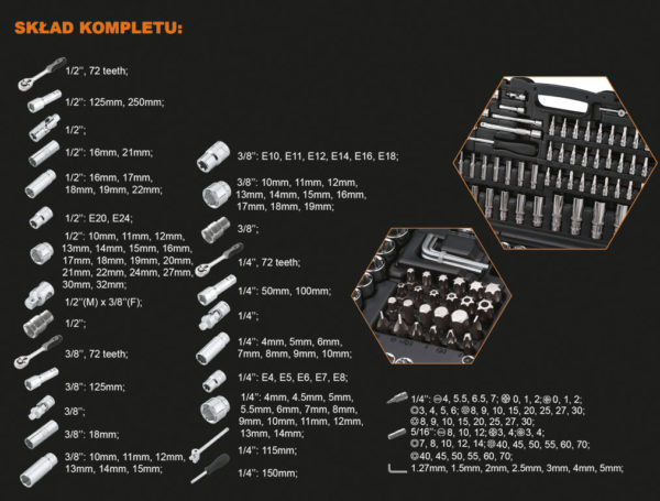 Komplet kluczy nasadowych V-PLUS 1/4” + 3/8'' + 1/2” 151 szt.